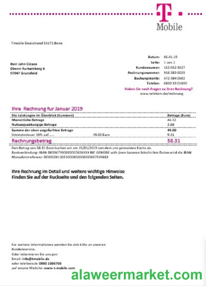 Germany T Mobile utility bill